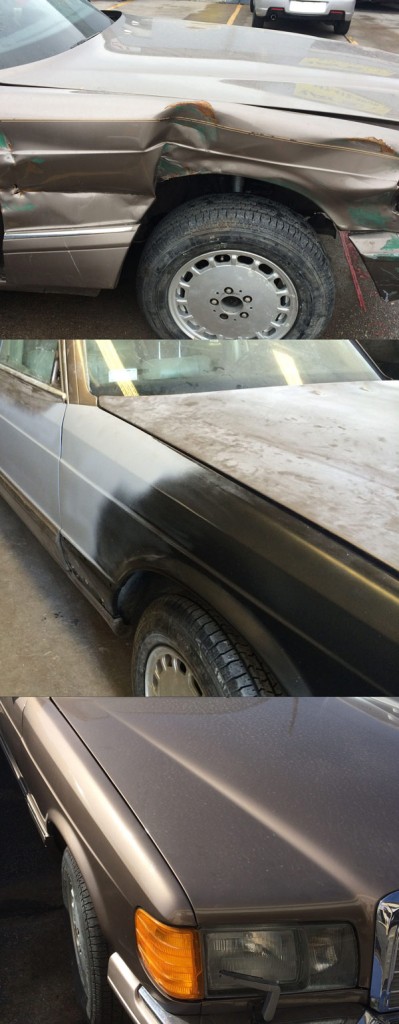 While an insurance adjuster was prepared to total this otherwise flawless Mercedes 560 SEL, the owner was not prepared to part company. We brought the vehicle in, retired the steering and engine compartment, then began work smoothing every plne and curve. A complete correct repaint brought this beast back to life.